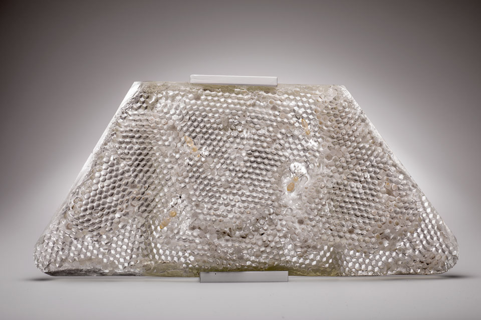 Honeycomb With Bees, 2017, Murano glass Honeycomb, lost wax process, Murano glass Honeybees, flame work process, (Wall mounting attached), 9 X 14 X 1 inch / 23 X 36 X 2.5cm 