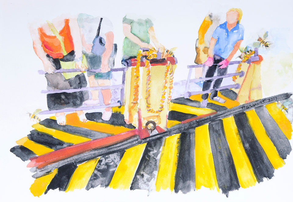 Watercolor on paper for The Mysterious Traveling Honeybees of Venice artist book, 2019